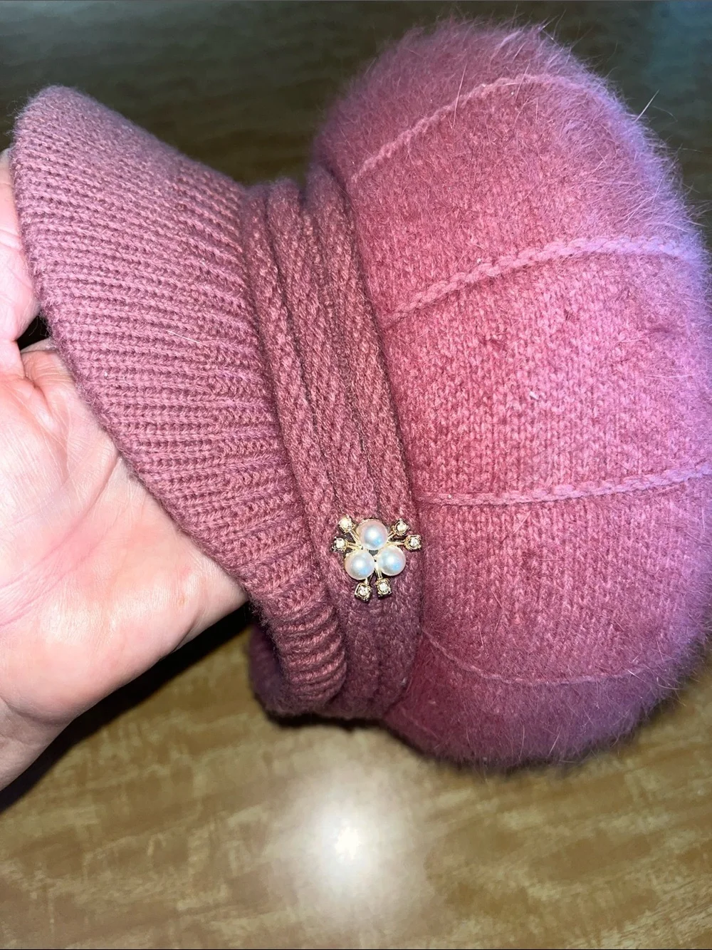 Source Unknown Pink Angora Newsboy Cap with Pearl Embellishment